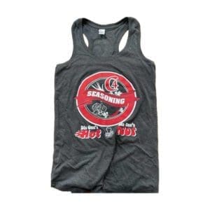 Gray racerback tank top with red logo